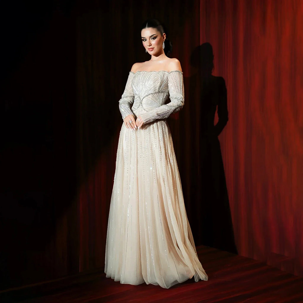 Aunber Customized Luxury Evening Dresses Beige Arabic Dubai Famous Designer A-Line For Wedding Party Dresses