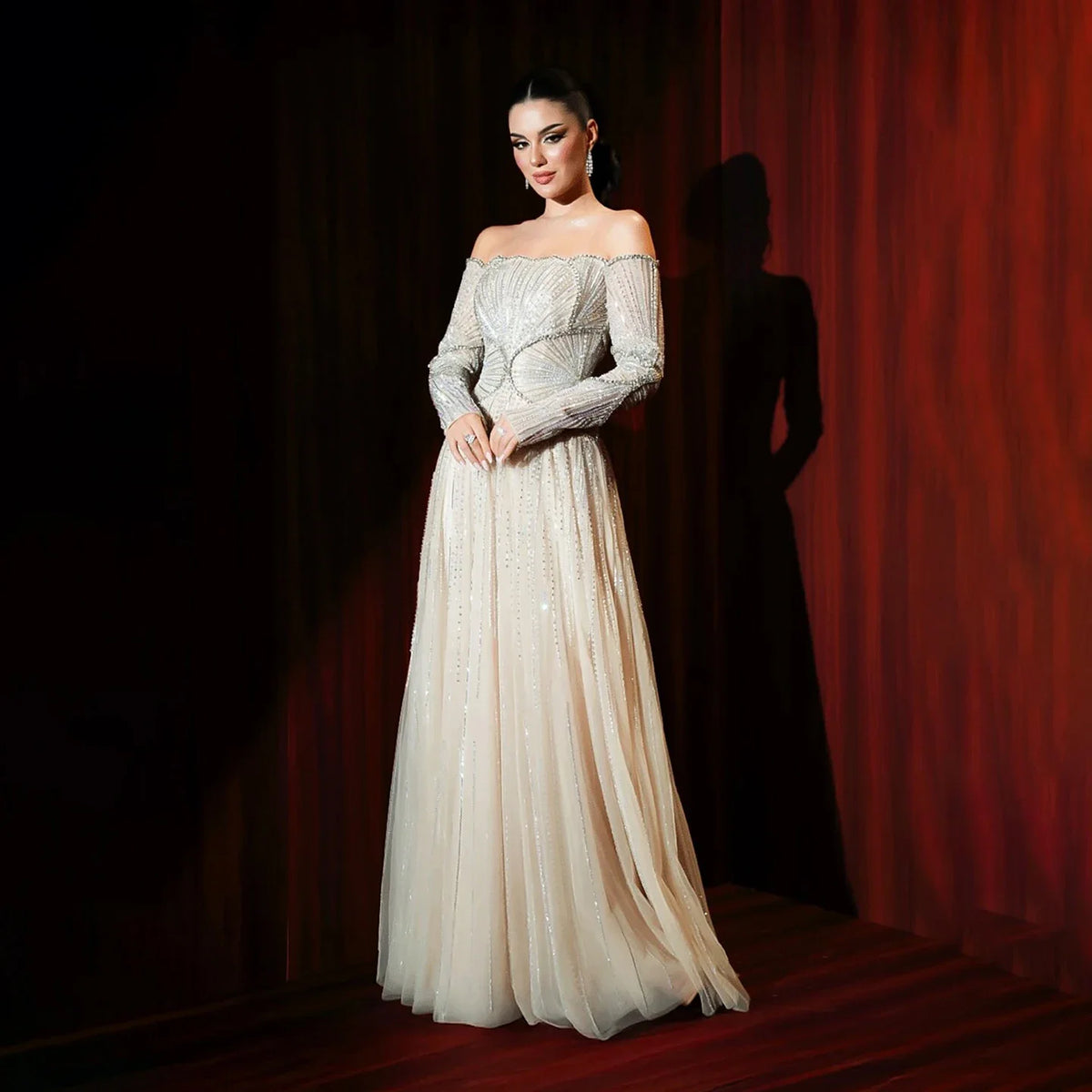 Aunber Customized Luxury Evening Dresses Beige Arabic Dubai Famous Designer A-Line For Wedding Party Dresses