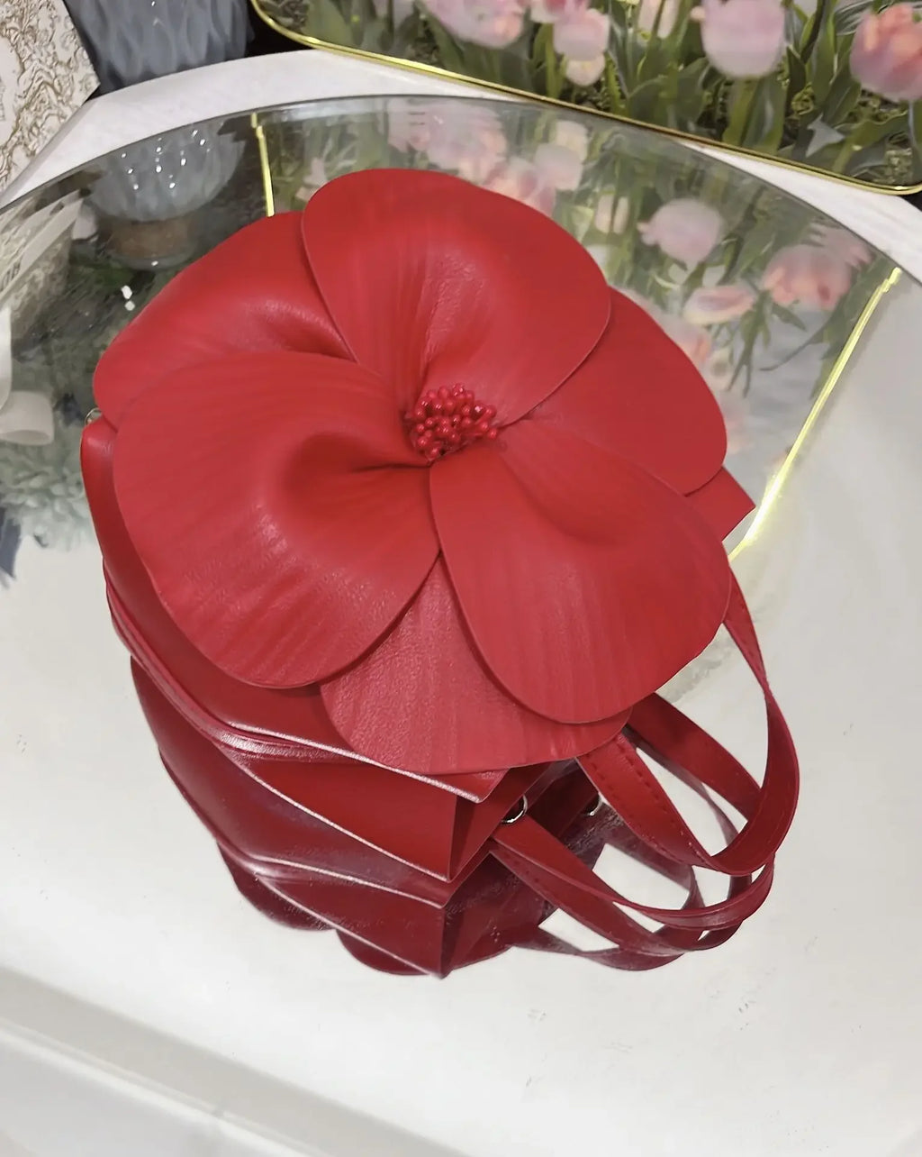 3D Floral Soft PU Leather Women Small Bucket Handbag Wedding Purse Dress Party Evening Bridal Clutch Bag