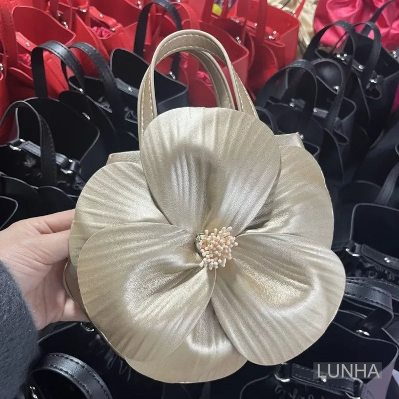 3D Floral Soft PU Leather Women Small Bucket Handbag Wedding Purse Dress Party Evening Bridal Clutch Bag