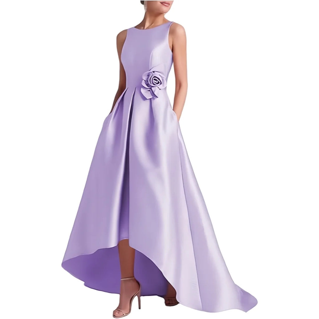 Satin Hi-Low Mother of The Bride Dresses Crew Neck Formal Dress A Line Elegance Wedding Guest Dress with Pockets
