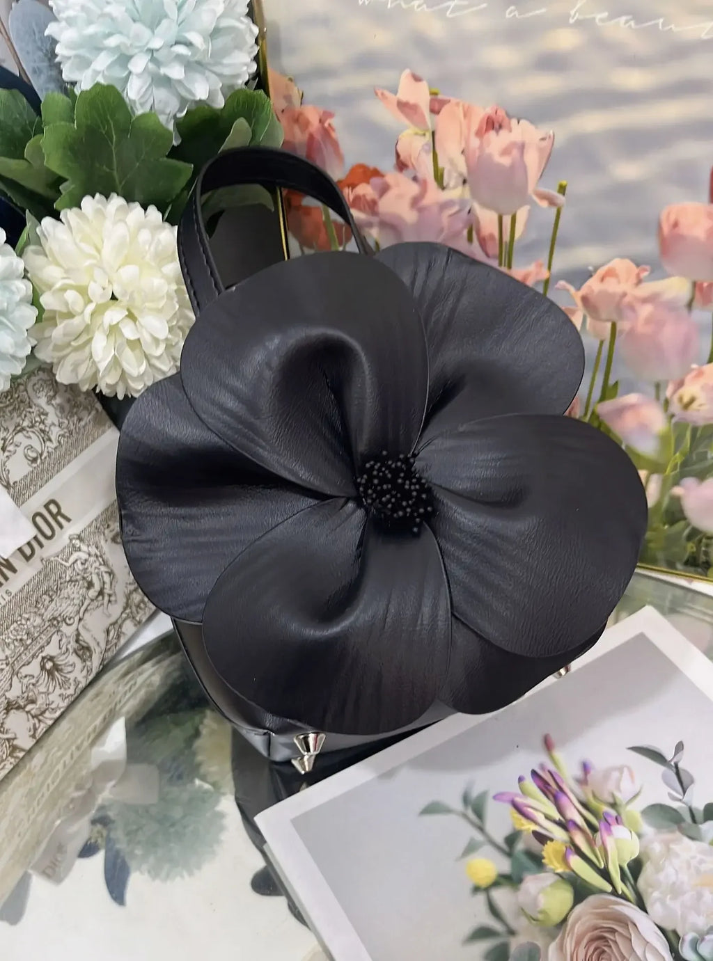 3D Floral Soft PU Leather Women Small Bucket Handbag Wedding Purse Dress Party Evening Bridal Clutch Bag