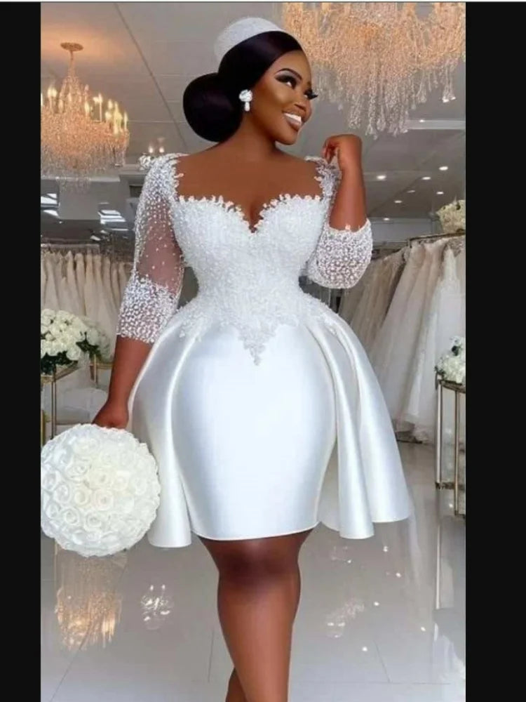 Sheer Neck Beaded Knee Length Wedding Dress