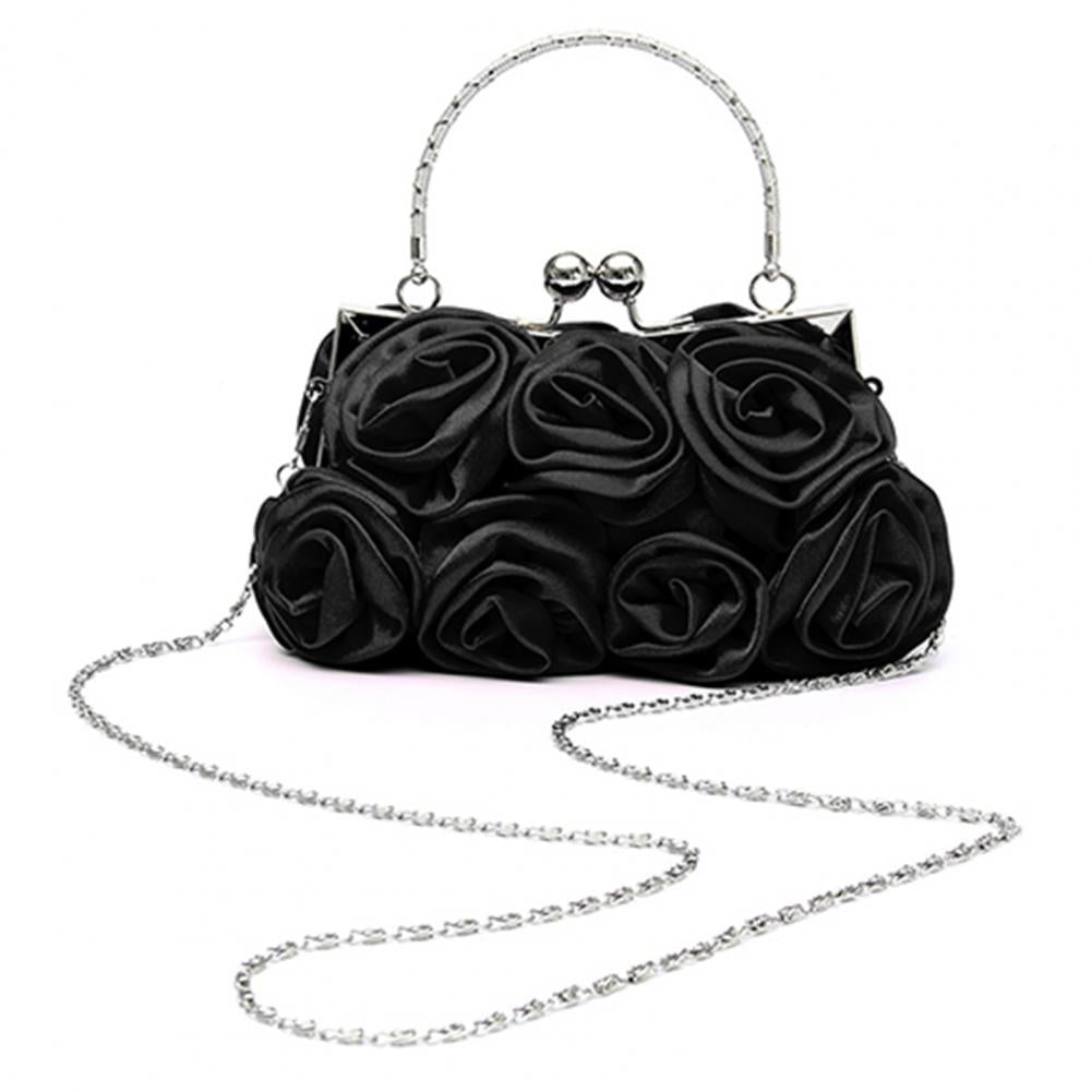 Women Girls Silk Rose Flower Handbag Wedding Bridal Clutch Bag Metal Chain Shoulder Bag Lady Crossbody Bags Purse Chic Tote Bag