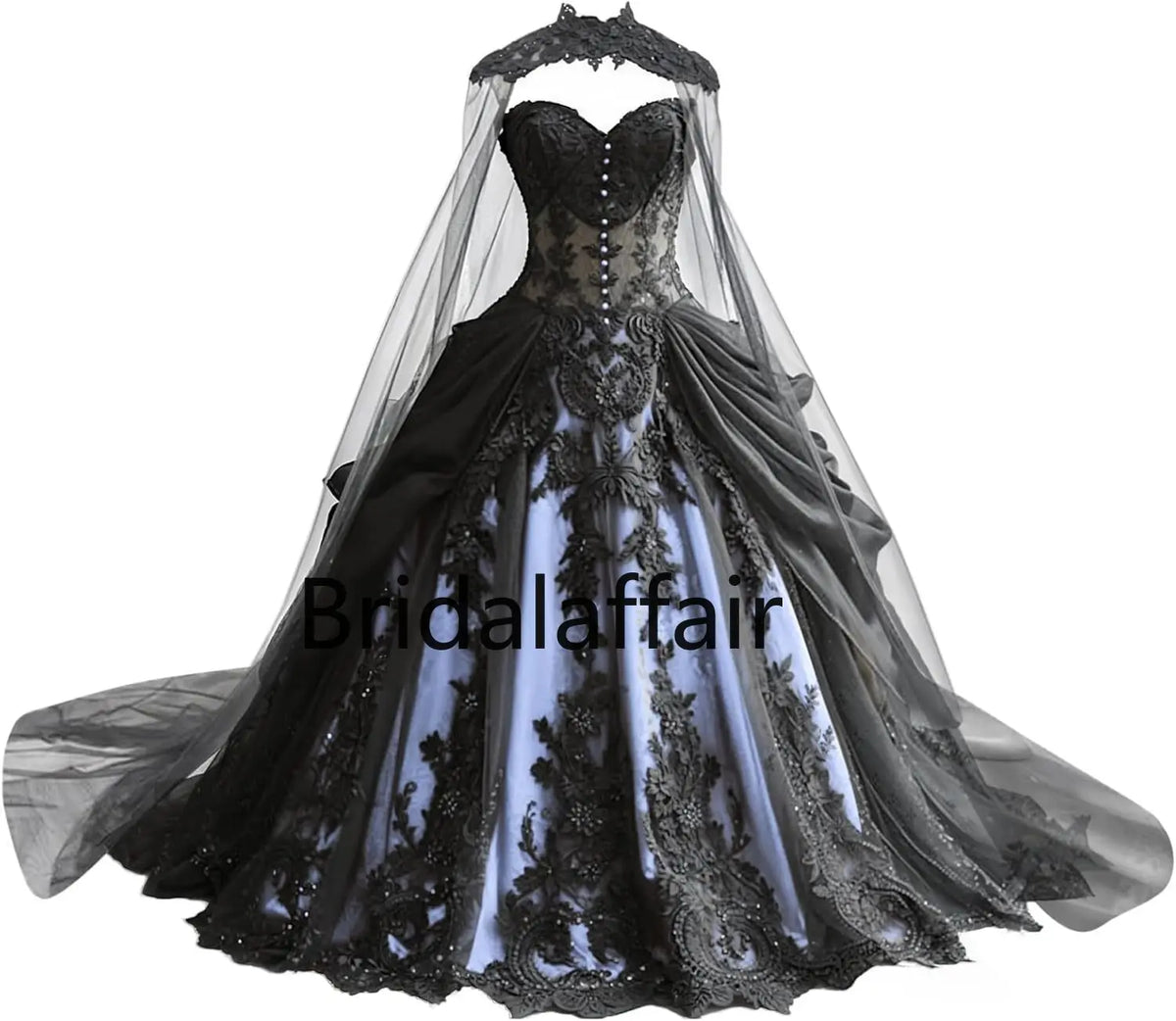 Gothic Weeding Dresses for Brides Black Lace Applique Bridal Dresses Embroidery Tiered Tulle Wedding Gowns with Cape