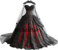 Gothic Weeding Dresses for Brides Black Lace Applique Bridal Dresses Embroidery Tiered Tulle Wedding Gowns with Cape