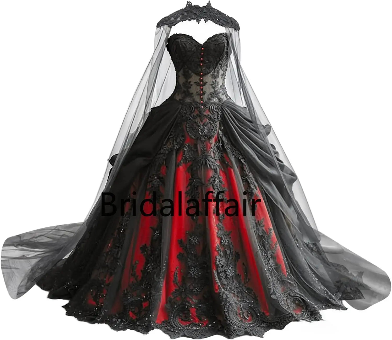 Gothic Weeding Dresses for Brides Black Lace Applique Bridal Dresses Embroidery Tiered Tulle Wedding Gowns with Cape