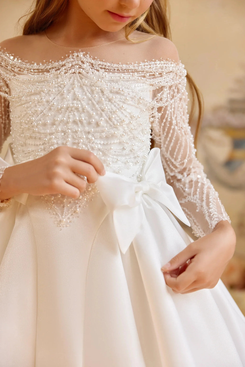 Pearl Beaded Ball Gown Flower Girl Dress