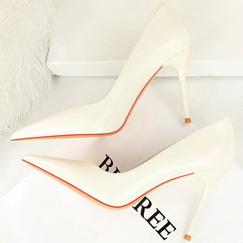Women 9.5cm High Heels Pumps Wedding Bridal Classic Scarpins High Stiletto Heels Lady Nude Black White Glossy Leather Prom Shoes