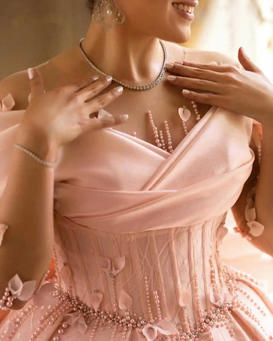 Gorgeous Pink Wedding Dresses Ball Gown Appliques Off The Shoulder Princess Bride Wedding Dress Customized Vestidos De Novia