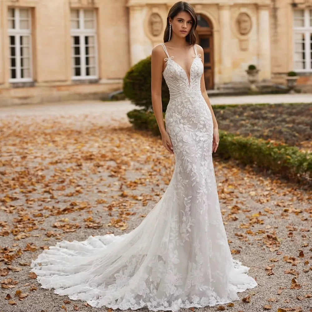 Elegant Mermaid Sleeveless Wedding Dress Exquisite Appliques Tulle Vestido De Novia Customized Backless Strapless Robe de mariée