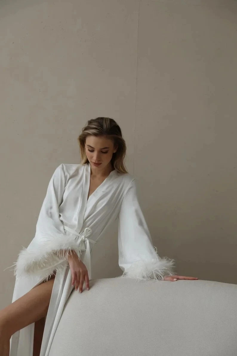 Bridal Feather Robe For Bride Wedding Dressing Gown Maxi Bridal Satin Robes Marabou White Boudoir Dress Long Silk Bridesmaid