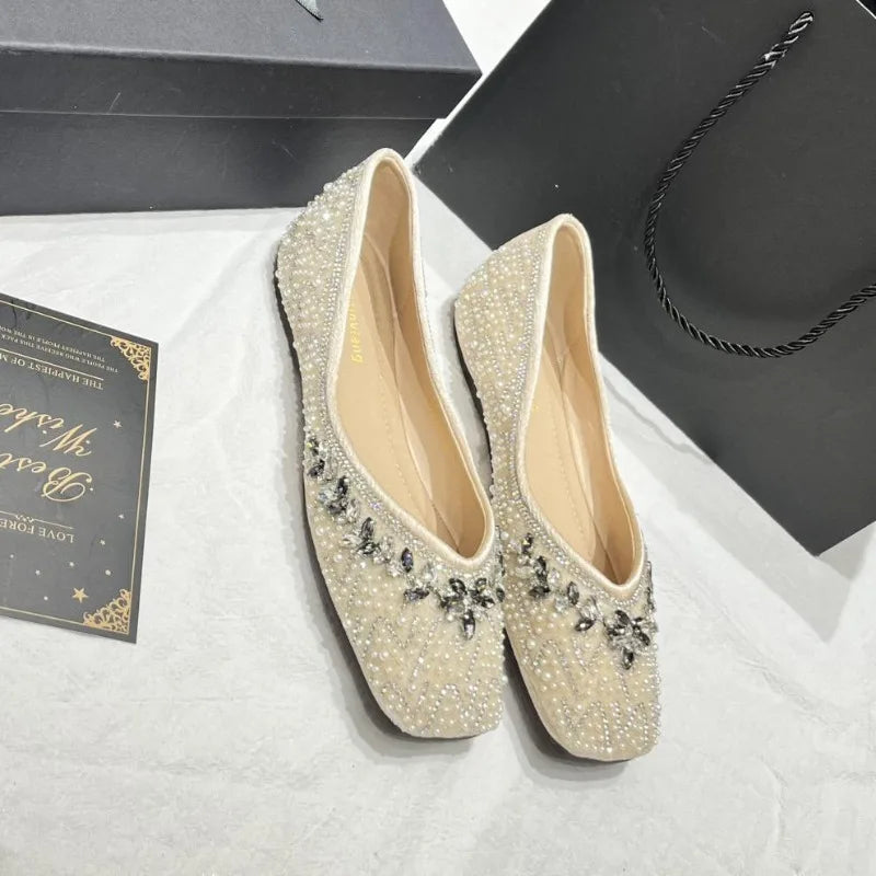Luxury String Bead Rhinestone Brand Flat Shoes Women Comfort Square Toe Shallow Design Shoes Fashion Elegant Wedding Bridal Shoe