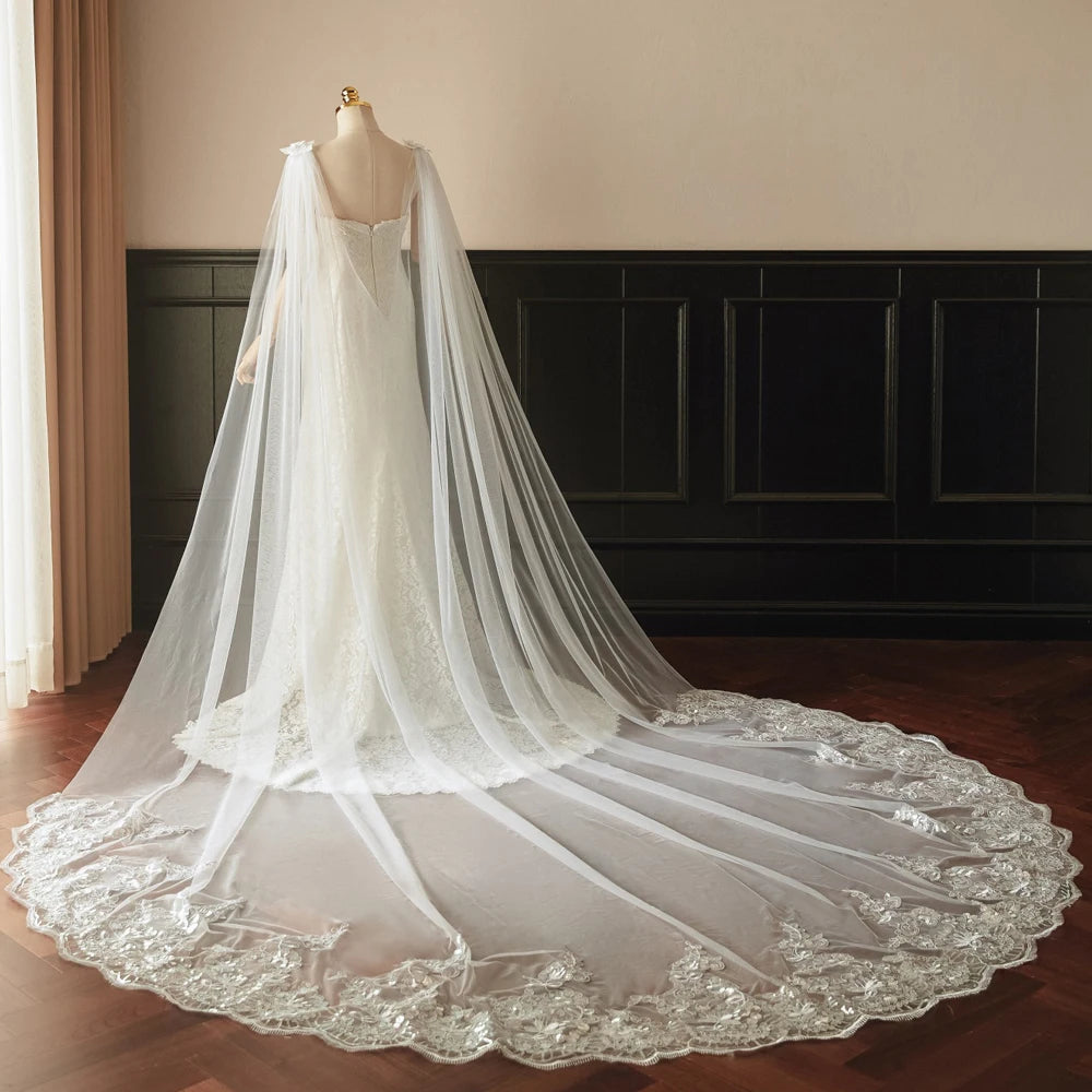 Appliques Long train Drag Tulle Wedding Dress Shawl Long Prom Party Wrap Bolero Cape Bridal Wrap Customized
