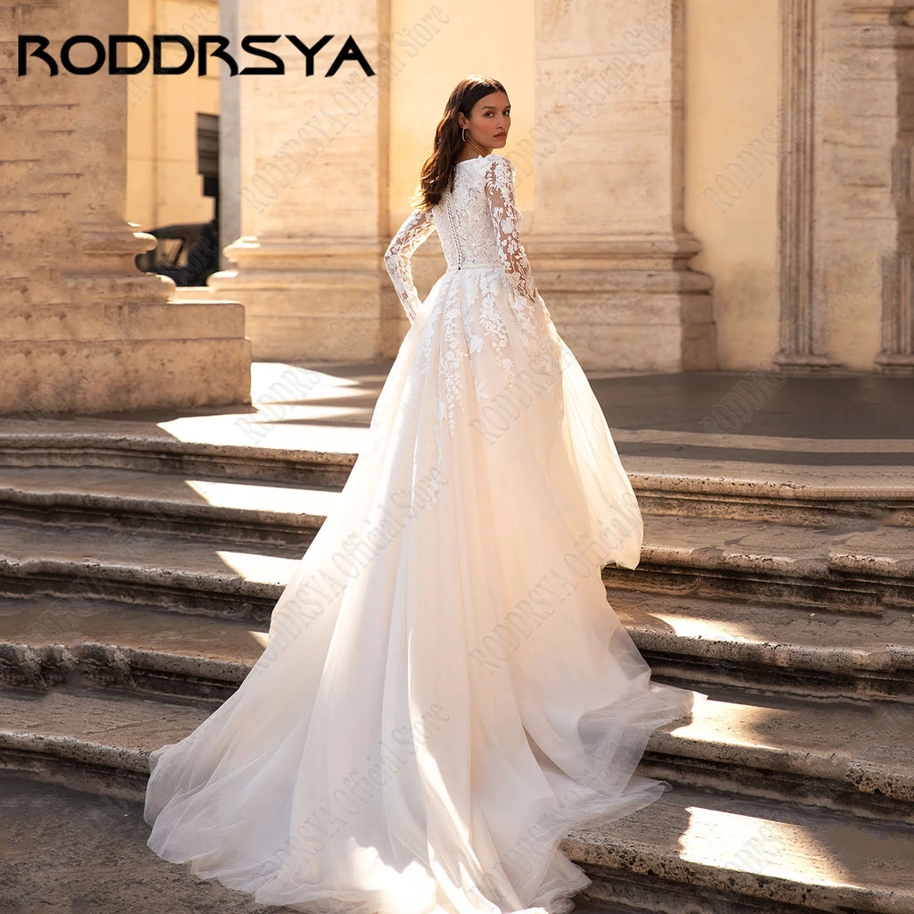 RODDRSYA Muslim Wedding Dresses 2025 Bride Long Sleeves Flowers A-Line Lace Bride Gowns Applique robe mariée boheme Customized