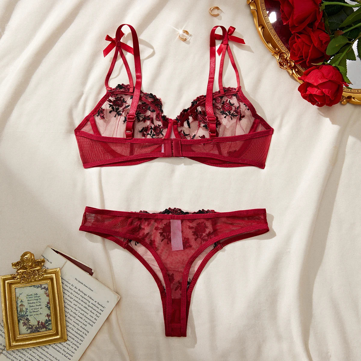 Erotic Lingerie Female Bra And Brief Women Floral Embroidory Underwear Set Sexy Lace Transparent Sensual Push Up Lingerie Sets