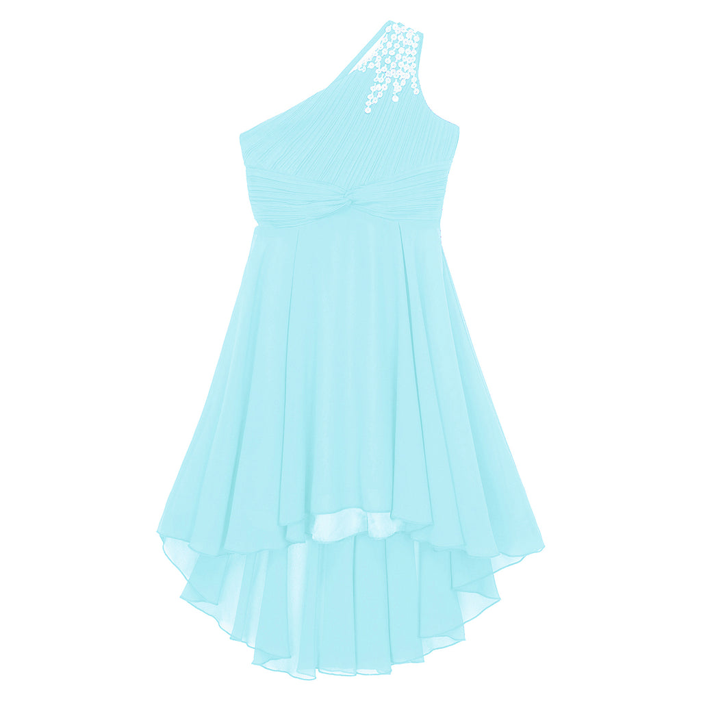 Kids Wedding Flower Girls Dress Shiny Beaded One Shoulder Chiffon Princess Dress Elegant Evening Pageant Birthday Party Gown