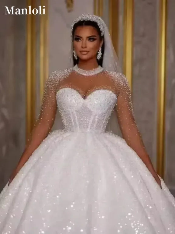 Sparkling African Wedding Dress Luxurious A-line Bridal Ball Dress Beads sequins Long Sleeves Dubai Bridal Dress Customization