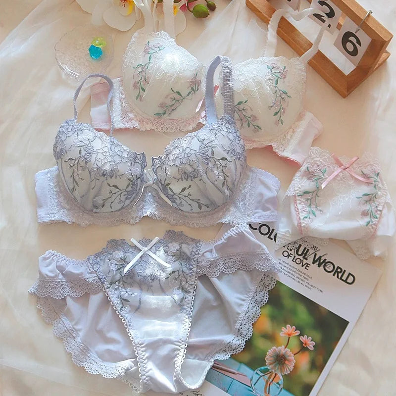 Bridal Floral Embroidery Lace Women Lingerie Set Thin Round Home with Steel Ring Bra Underpants Suit