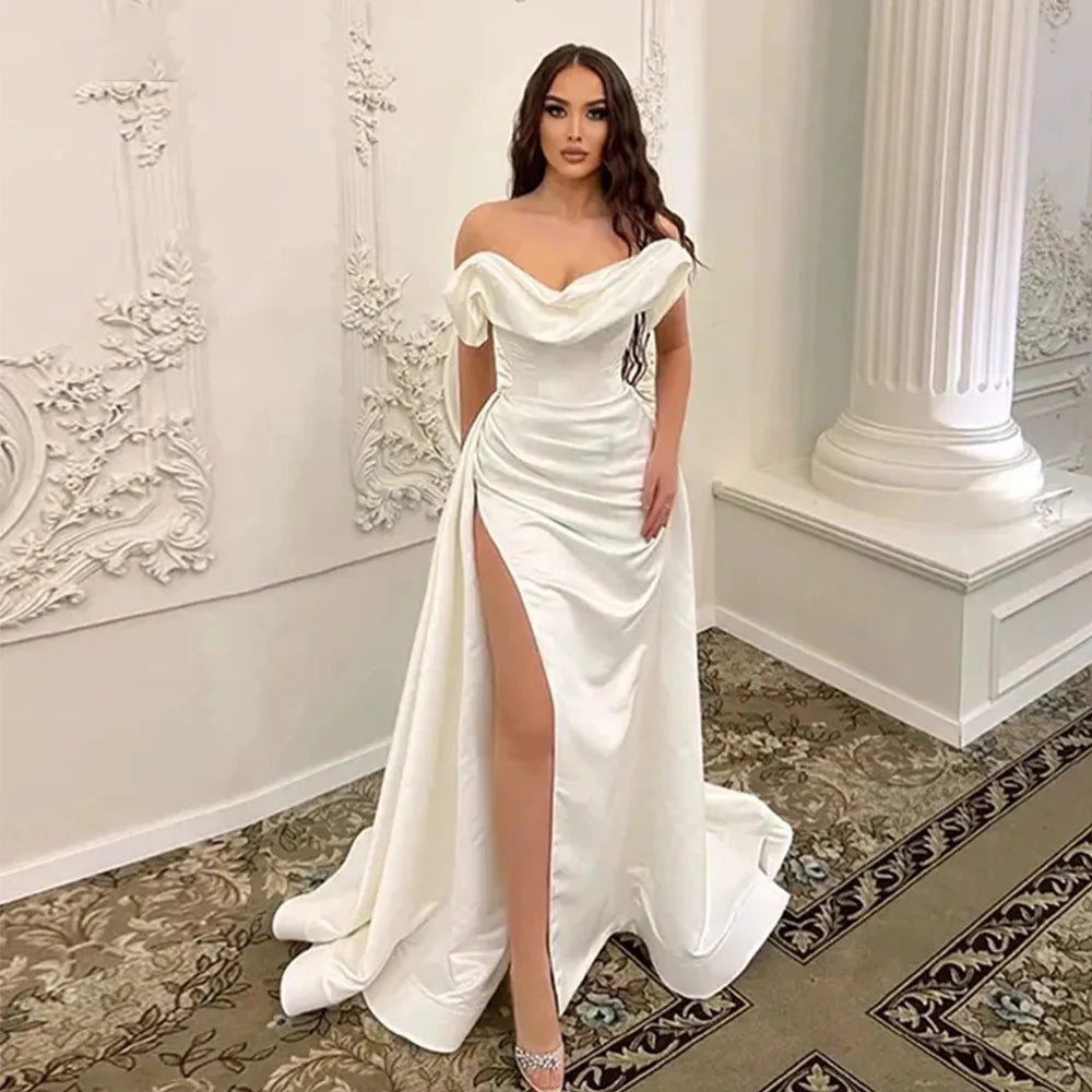 Off-Shoulder Satin Wedding Dress with Chapel Train