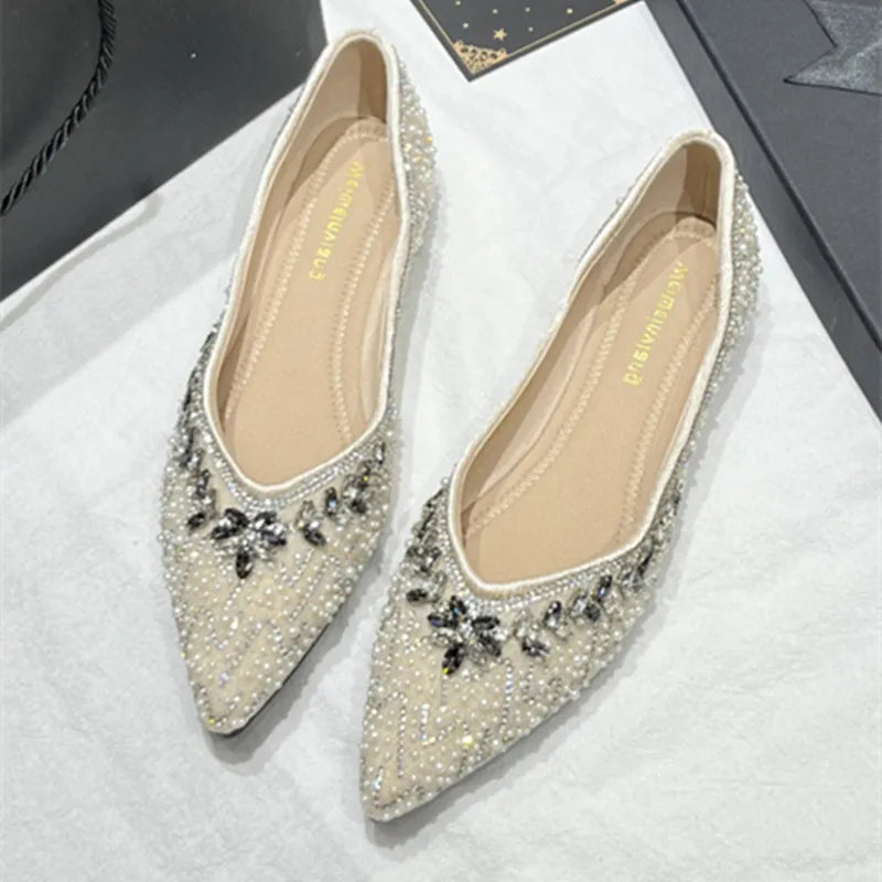 Luxury String Bead Rhinestone Brand Flat Shoes Women Comfort Square Toe Shallow Design Shoes Fashion Elegant Wedding Bridal Shoe