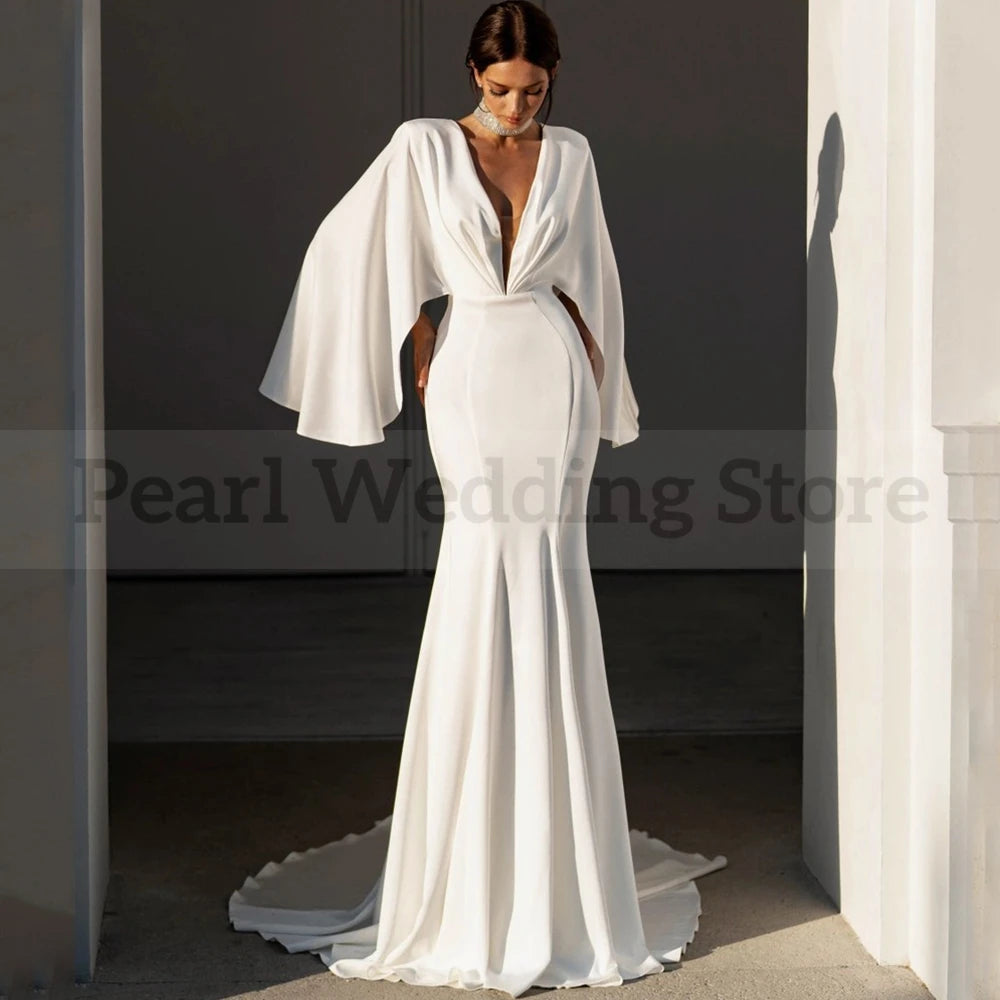 Elegant V-Neck Wedding Dress Illusion Tulle Back with Buttons Bride Batwing Sleeves Mermaid Floor Length Marriage Custom Gown