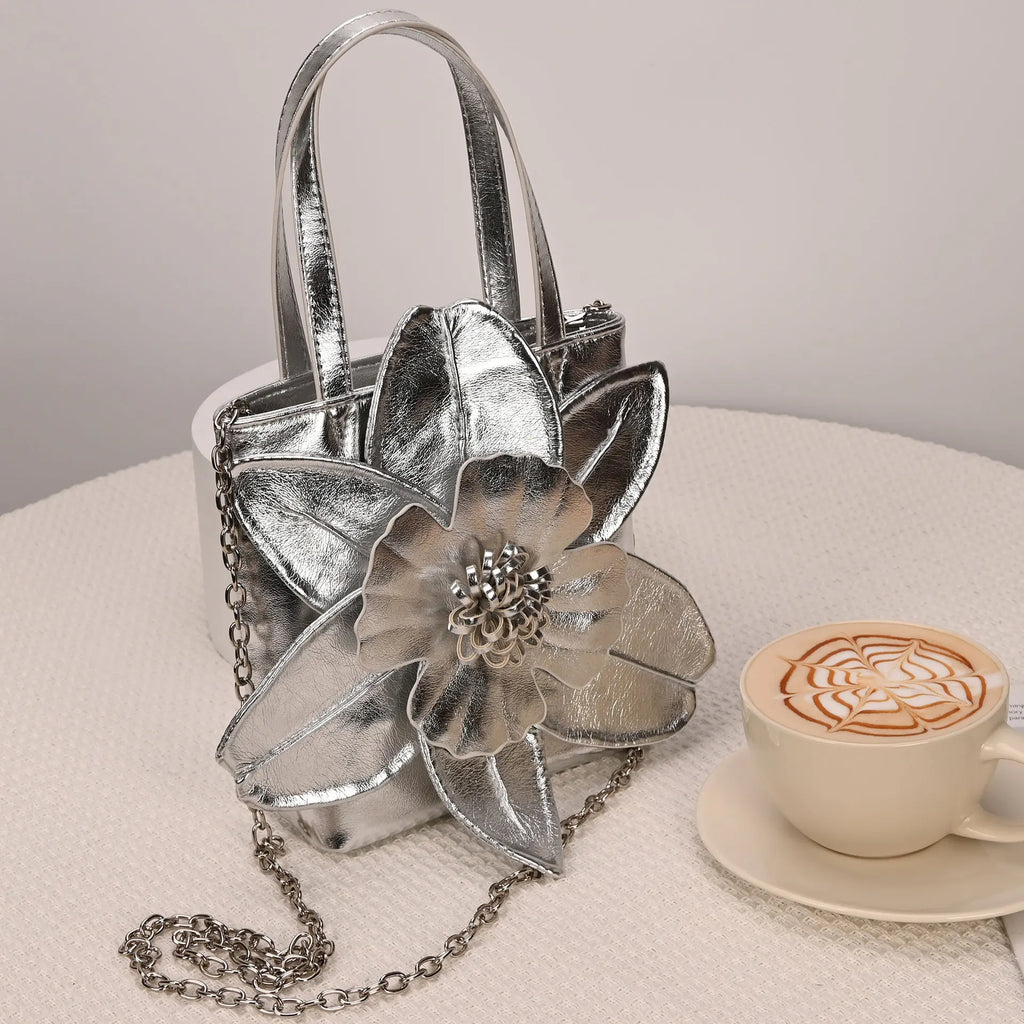 3D Floral Soft PU Leather Women Bucket Handbag Wedding Purse Dress Party Evening Bridal Clutch Bag
