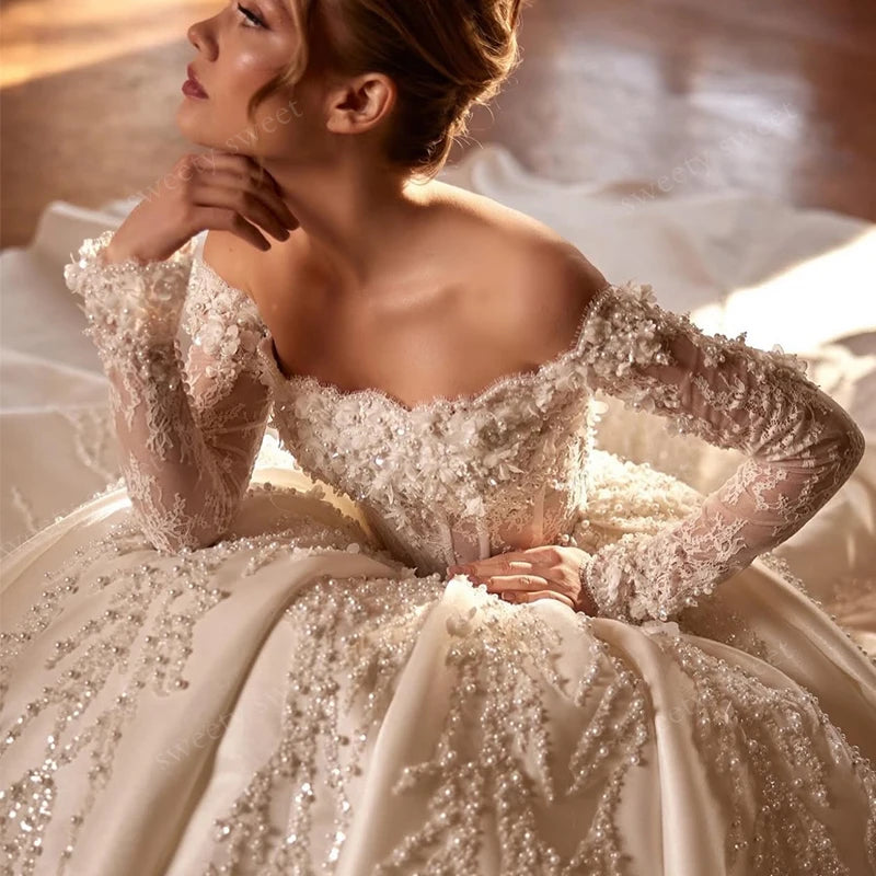 Boat Neck Full Sleeve Taffeta Ball Gown