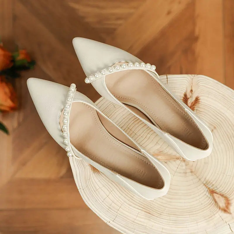 With Medium Heels Shoes for Women 2025 Wedding Bride Shoe White Ladies Summer Footwear Pearl Office Slip on Lastest Casual Trend
