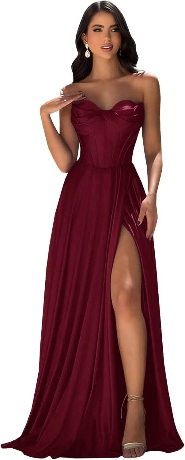 Chicbridal Women's Strapless Prom Dress Satin A-Line Long Ball Gown Sweetheart Corset Formal Dress with Pockets And Side Slit