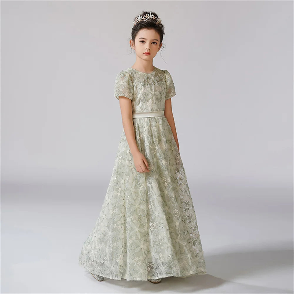 Rhinestone Floral Lace Puff-Sleeve Flower Girl Dress