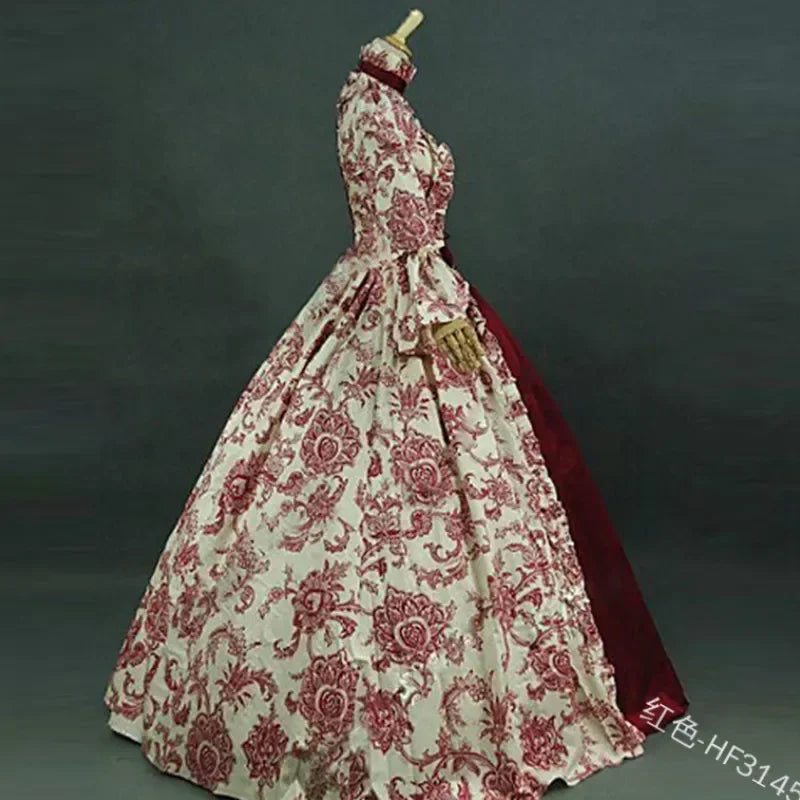 Marie Antoinette DressVintage Long Women Lace-Up Medieval Ruffles Bow Vintage Victorian Carnival Maxi Dress Patchwork Floral Fem