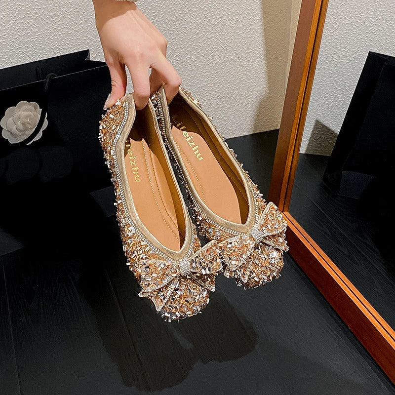 Women's Shoes Exquisite Bow Bling Casual Shoes for Woman Fashion Square Head Flat Shoe Luxury Designer Shoes Zapatos Mujer