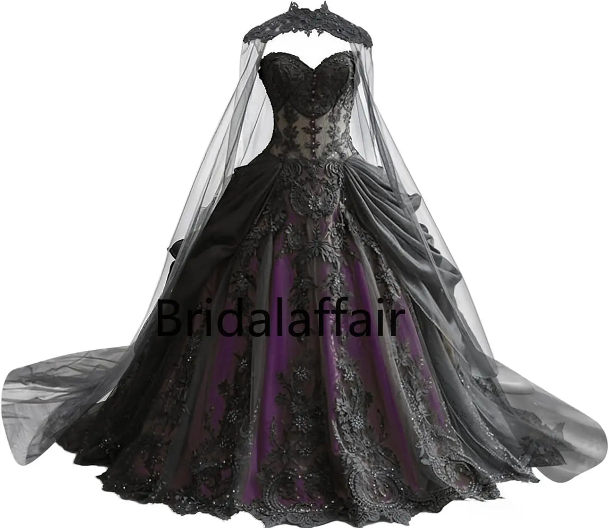 Gothic Weeding Dresses for Brides Black Lace Applique Bridal Dresses Embroidery Tiered Tulle Wedding Gowns with Cape