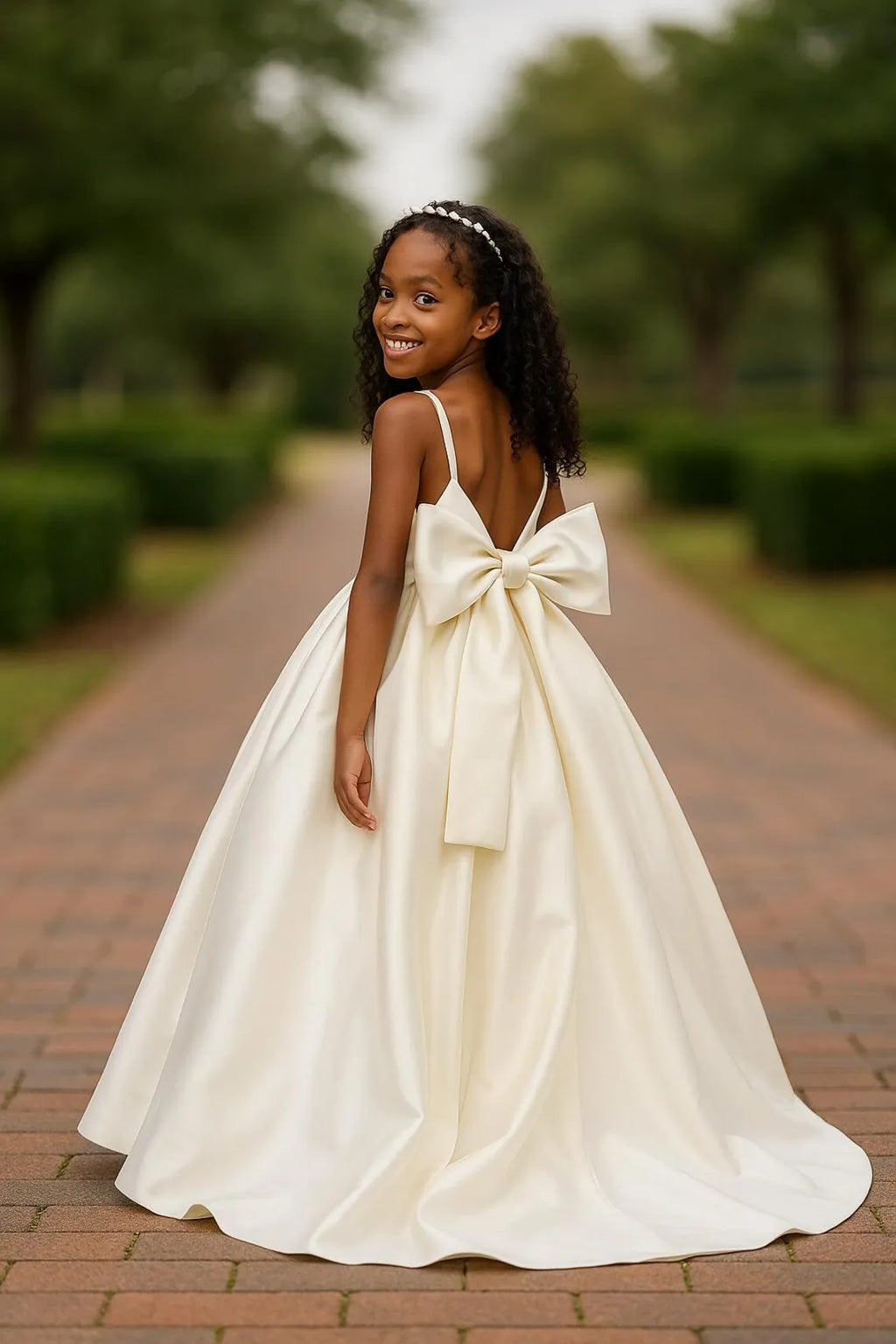 Ivory Satin A-Line Flower Girl Dress