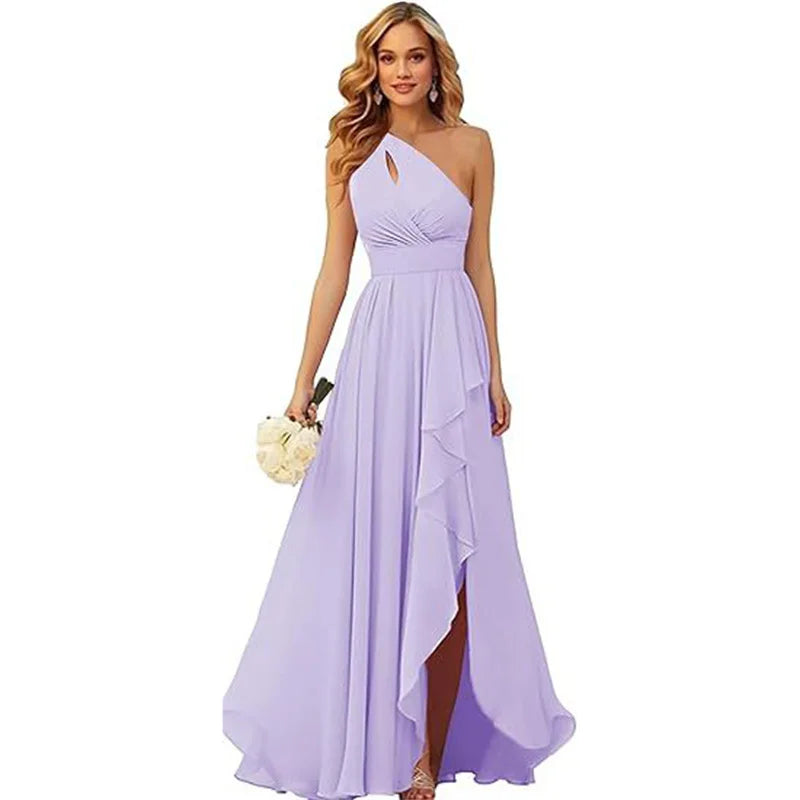 A Line Chiffon Bridesmaid Dresses One Shouder Slit Pleat Elegant Wedding Party Formal Prom Evening Lace Up Back