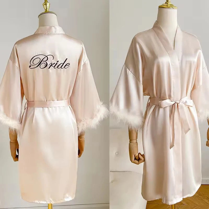 Feather Trim Satin Bridal Robe