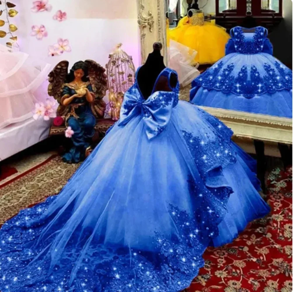 Custom Flower Girl Dress First Christmas Dress Wedding Party Gown Mint Green Lace Beaded Train Kids Evening Dress فساتين
