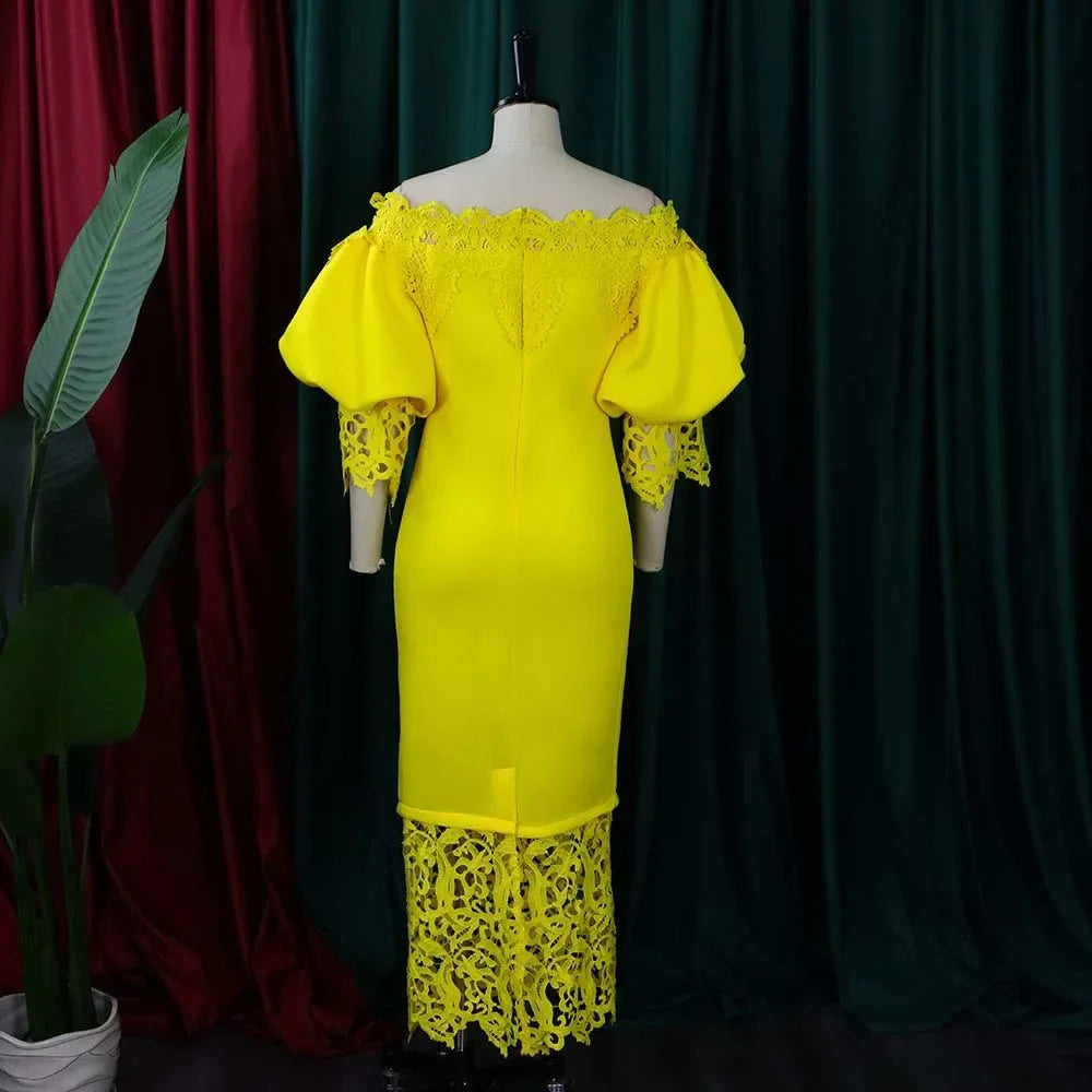 Off-Shoulder Lantern Sleeve Lace Sheath Dress
