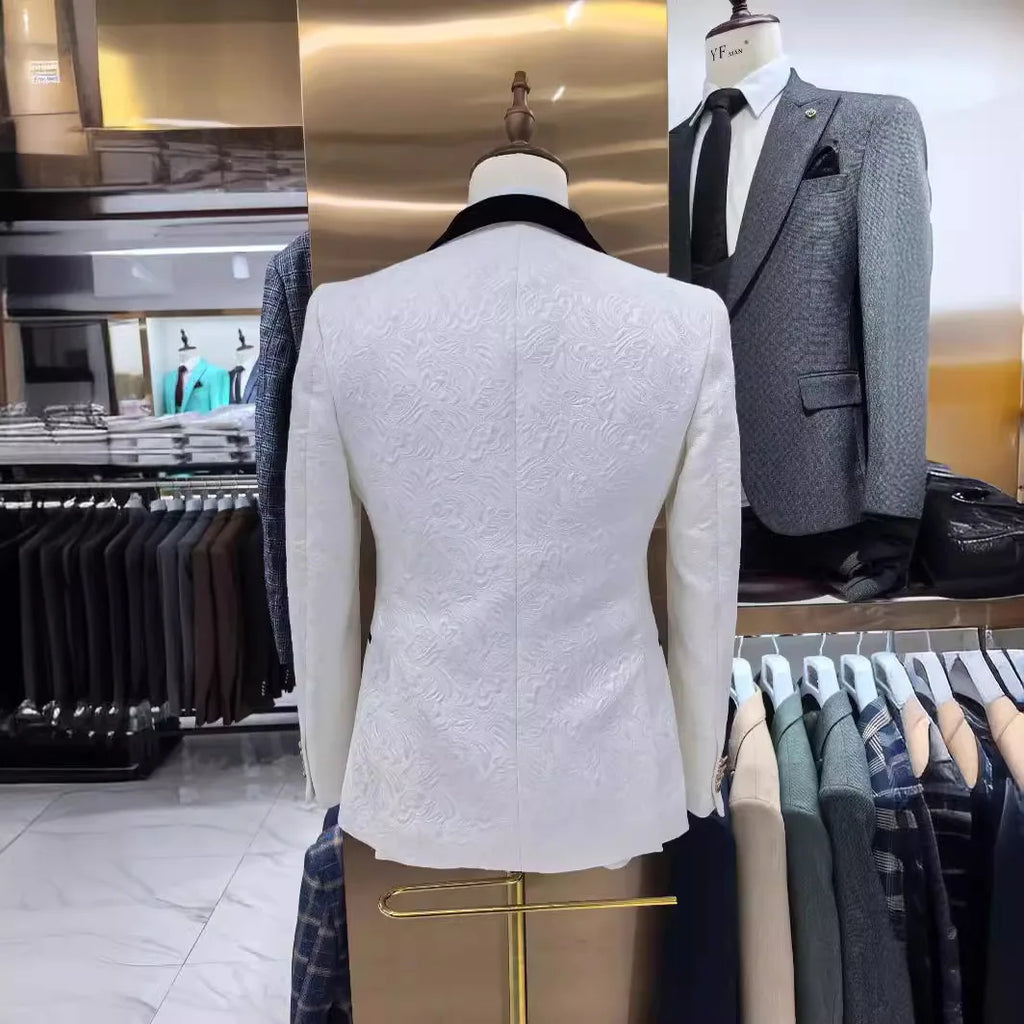 Thorndike Mens Wedding Suits White Jacquard with Black Satin Collar Tuxedo3 Pcs Groom Terno Suits for Men(Jacket+Vest+Pants)