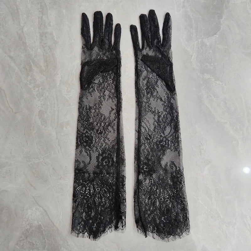 Fairy Long Black Lace Gloves Sexy Mesh Hollow Out Bridal Glove Thin Sunscreen Elbow Gloves Wedding Dress Photography Accessories