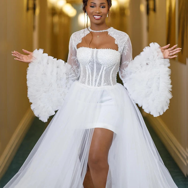 Africa White Wedding Dresses for Bride Long Flare Sleeve Train Corset Tiered Ruffles Aso Ebi Bridal Shower Robe Dress Customized