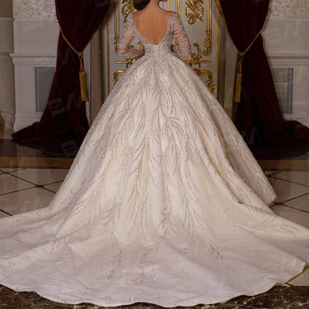 Hand-Beaded Long-Sleeve Ball Gown Wedding Dress