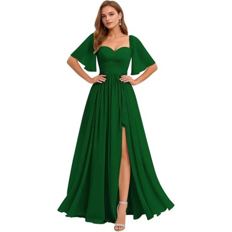 A Line Short Sleeve Chiffon Bridesmaid Dresses One Shouder Slit Pleat Elegant Wedding Party Formal Prom Evening Lace Up Back