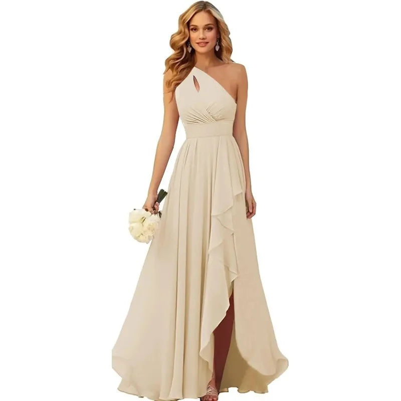 A Line Chiffon Bridesmaid Dresses One Shouder Slit Pleat Elegant Wedding Party Formal Prom Evening Lace Up Back