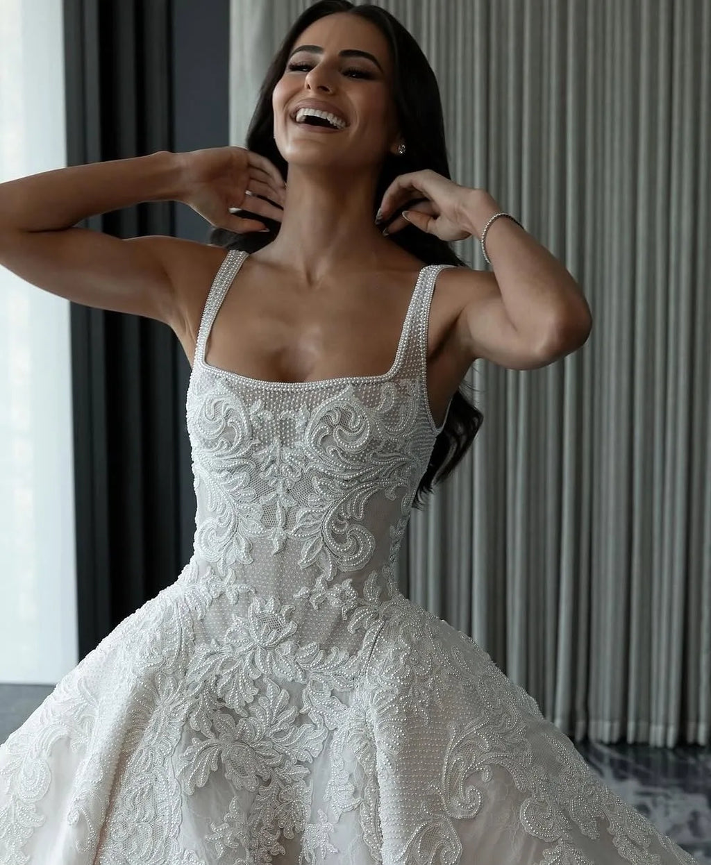 Square Neck Beaded Chiffon A-Line Wedding Dress