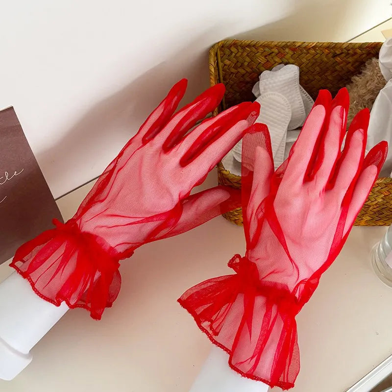 Wedding Gloves Ruffle Summer Women Short Tulle Gloves White Black Wedding Lace Full Finger Mittens Mesh Translucent Gloves