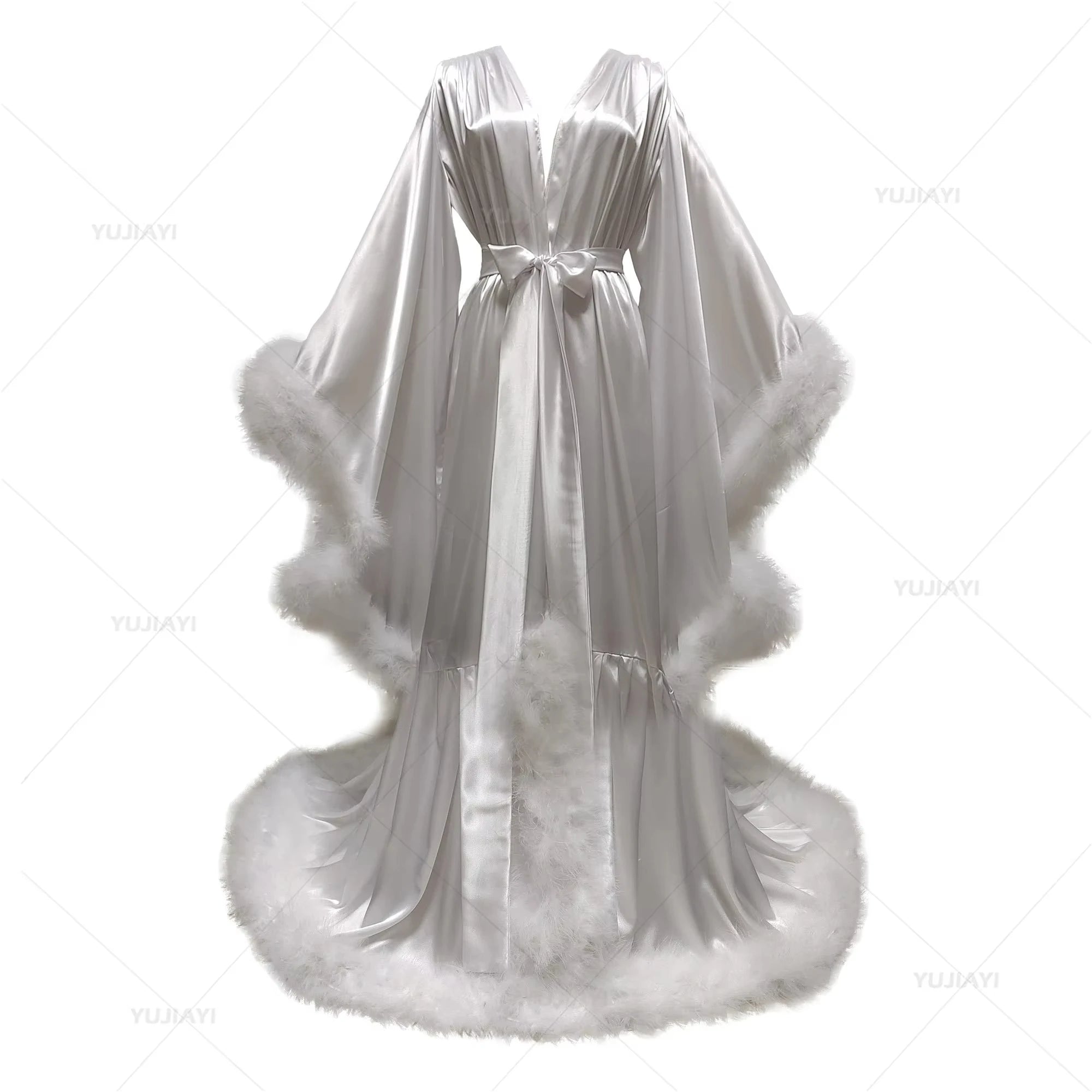 Bathrobe for Women Flare Sleeves Feather Bridal Robe Nightgown Silk Illusion Long Wedding Scarf Dressing Gown Photography Dress