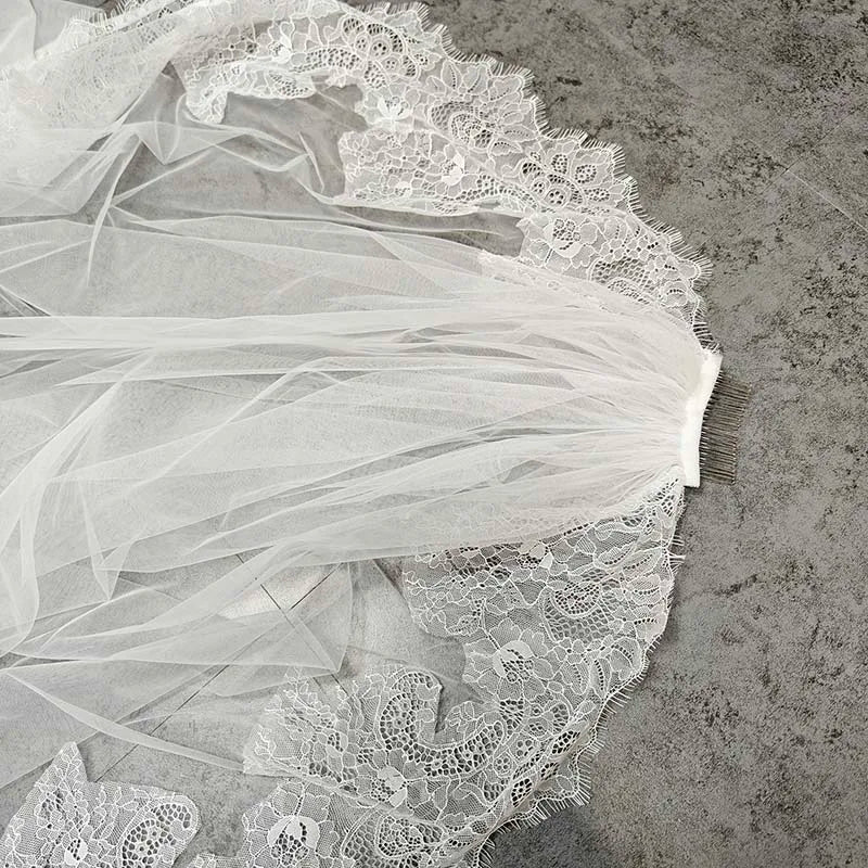 Customized Elegant Long Wedding Veil with Eyelash Lace, Single Tier 2.5m/3m/3.5m Ivory Wedding Veil with Comb, Lace Bridal Veil