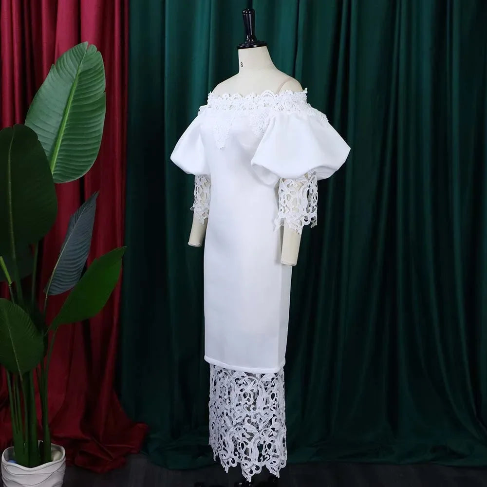 Off-Shoulder Lantern Sleeve Lace Sheath Dress